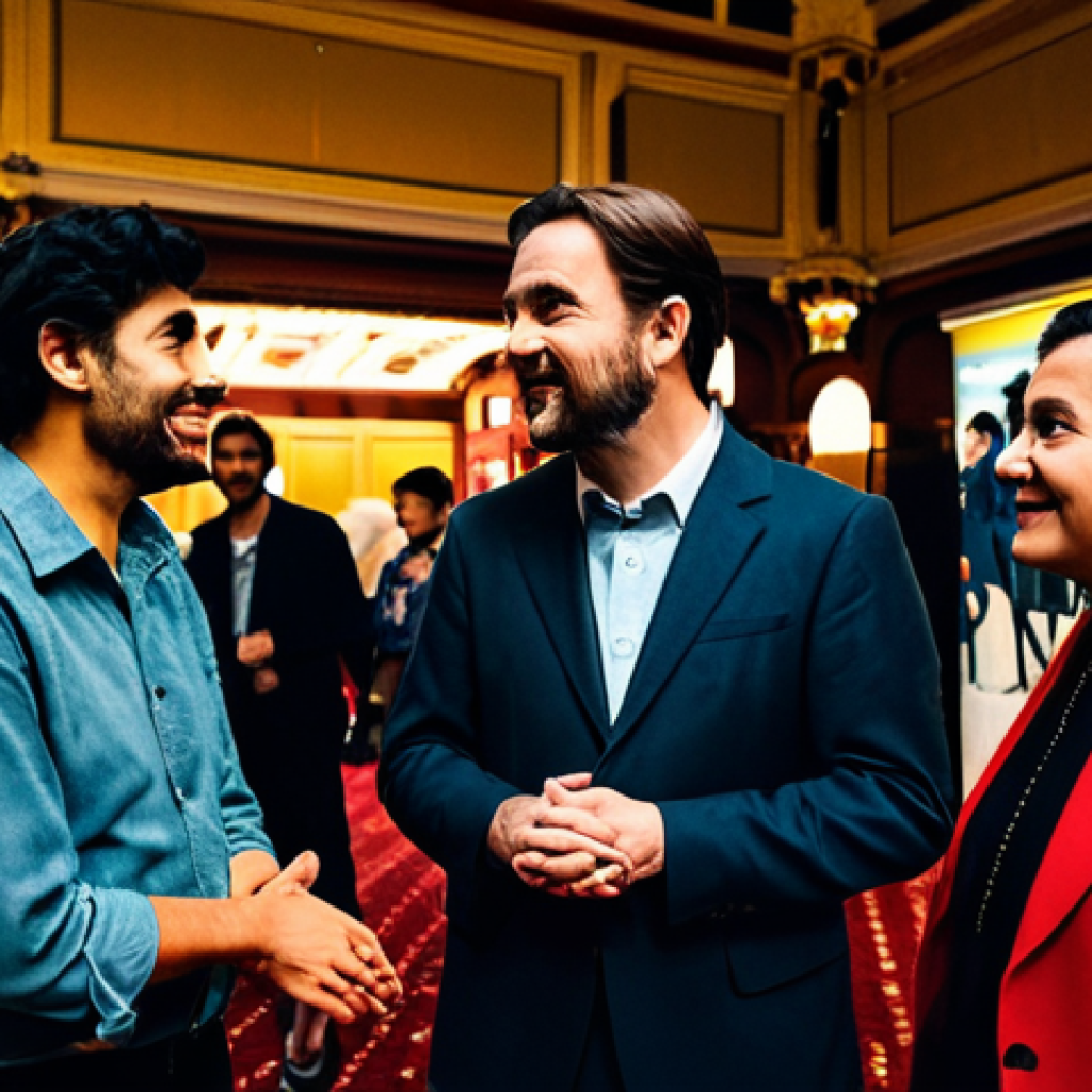 **Prompt:** A vibrant scene inside a grand, historic cinema lobby during a professional film festival. A diverse group of film enthusiasts, fully clothed in modest and appropriate attire, are engaged in lively, respectful conversations. The atmosphere is energetic and communal, with warm, cinematic lighting highlighting architectural details and subtle festival banners. One attendee wears a stylish, abstract, and non-threatening artistic costume inspired by classic cinema, fully covering the body. This image embodies the immersive experience and community spirit of a film event. safe for work, appropriate content, fully clothed, family-friendly, perfect anatomy, correct proportions, natural pose, well-formed hands, proper finger count, natural body proportions, professional photography, high quality, sharp focus.