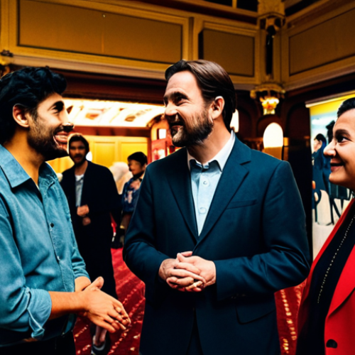 Home 16 **Prompt:** A vibrant scene inside a grand, historic cinema lobby during a professional film festival. A diverse group of film enthusiasts, fully clothed in modest and appropriate attire, are engaged in lively, respectful conversations. The atmosphere is energetic and communal, with warm, cinematic lighting highlighting architectural details and subtle festival banners. One attendee wears a stylish, abstract, and non-threatening artistic costume inspired by classic cinema, fully covering the body. This image embodies the immersive experience and community spirit of a film event. safe for work, appropriate content, fully clothed, family-friendly, perfect anatomy, correct proportions, natural pose, well-formed hands, proper finger count, natural body proportions, professional photography, high quality, sharp focus.