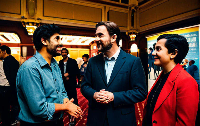 **Prompt:** A vibrant scene inside a grand, historic cinema lobby during a professional film festival. A diverse group of film enthusiasts, fully clothed in modest and appropriate attire, are engaged in lively, respectful conversations. The atmosphere is energetic and communal, with warm, cinematic lighting highlighting architectural details and subtle festival banners. One attendee wears a stylish, abstract, and non-threatening artistic costume inspired by classic cinema, fully covering the body. This image embodies the immersive experience and community spirit of a film event. safe for work, appropriate content, fully clothed, family-friendly, perfect anatomy, correct proportions, natural pose, well-formed hands, proper finger count, natural body proportions, professional photography, high quality, sharp focus.