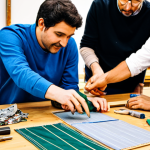 A diverse group of adults, including a woman and a man, fully clothed in modest, professional attire, collaborating actively at a well-lit workshop station. Set within a vibrant DIY festival in Paris, with other participants visible in the soft-focus background. Their well-formed hands, displaying proper finger count, are carefully engaged in an upcycling project, such as assembling a small item from repurposed textiles. The workbench is organized with various tools and colorful recycled materials, conveying a collaborative and educational atmosphere. Natural body proportions, perfect anatomy, correct proportions, natural pose, safe for work, appropriate content, fully clothed, family-friendly, professional photography, high quality, ultra-detailed.