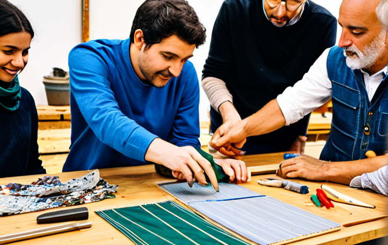 A diverse group of adults, including a woman and a man, fully clothed in modest, professional attire, collaborating actively at a well-lit workshop station. Set within a vibrant DIY festival in Paris, with other participants visible in the soft-focus background. Their well-formed hands, displaying proper finger count, are carefully engaged in an upcycling project, such as assembling a small item from repurposed textiles. The workbench is organized with various tools and colorful recycled materials, conveying a collaborative and educational atmosphere. Natural body proportions, perfect anatomy, correct proportions, natural pose, safe for work, appropriate content, fully clothed, family-friendly, professional photography, high quality, ultra-detailed.