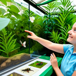 A diverse family, including an adult male, an adult female, and a child, fully clothed in modest, casual attire, are immersed in an interactive insect exhibition at a vibrant, family-friendly nature festival. The child gazes with wonder at a beautiful butterfly resting on a leaf inside a transparent enclosure, while an adult points to tiny details visible through a microscope. The background features lush green foliage, exotic flowers, and other educational displays. The atmosphere is bright, curious, and filled with a sense of discovery. Perfect anatomy, correct proportions, natural pose, well-formed hands, proper finger count, natural body proportions. Professional photography, high quality, safe for work, appropriate content, fully clothed, professional, family-friendly.