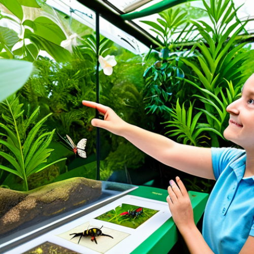 Home 14 A diverse family, including an adult male, an adult female, and a child, fully clothed in modest, casual attire, are immersed in an interactive insect exhibition at a vibrant, family-friendly nature festival. The child gazes with wonder at a beautiful butterfly resting on a leaf inside a transparent enclosure, while an adult points to tiny details visible through a microscope. The background features lush green foliage, exotic flowers, and other educational displays. The atmosphere is bright, curious, and filled with a sense of discovery. Perfect anatomy, correct proportions, natural pose, well-formed hands, proper finger count, natural body proportions. Professional photography, high quality, safe for work, appropriate content, fully clothed, professional, family-friendly.