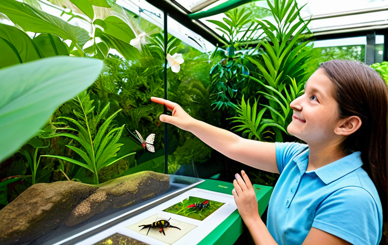 A diverse family, including an adult male, an adult female, and a child, fully clothed in modest, casual attire, are immersed in an interactive insect exhibition at a vibrant, family-friendly nature festival. The child gazes with wonder at a beautiful butterfly resting on a leaf inside a transparent enclosure, while an adult points to tiny details visible through a microscope. The background features lush green foliage, exotic flowers, and other educational displays. The atmosphere is bright, curious, and filled with a sense of discovery. Perfect anatomy, correct proportions, natural pose, well-formed hands, proper finger count, natural body proportions. Professional photography, high quality, safe for work, appropriate content, fully clothed, professional, family-friendly.