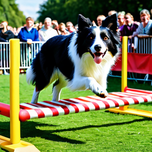 Home 5 반려동물 페스티벌 후기 - "A vibrant pet festival scene, showcasing an agility competition with a border collie expertly navig...