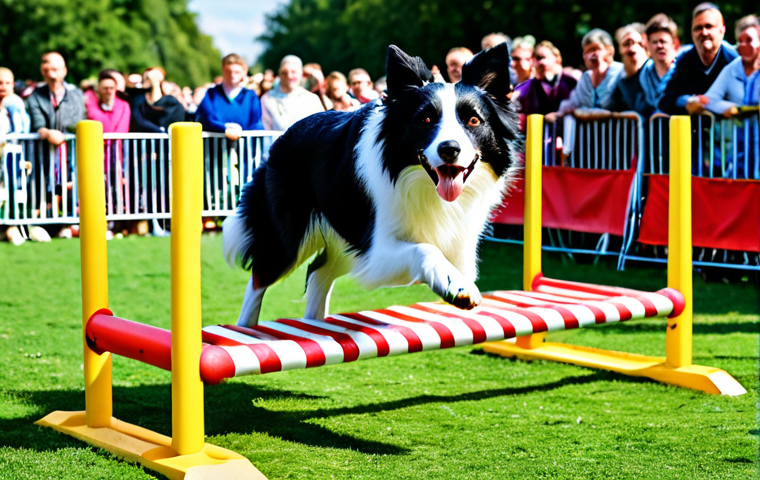 반려동물 페스티벌 후기 - "A vibrant pet festival scene, showcasing an agility competition with a border collie expertly navig...
