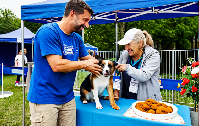 반려동물 페스티벌 후기 - "A pet festival stall featuring organic pet food and innovative tech gadgets like smart collars and ...