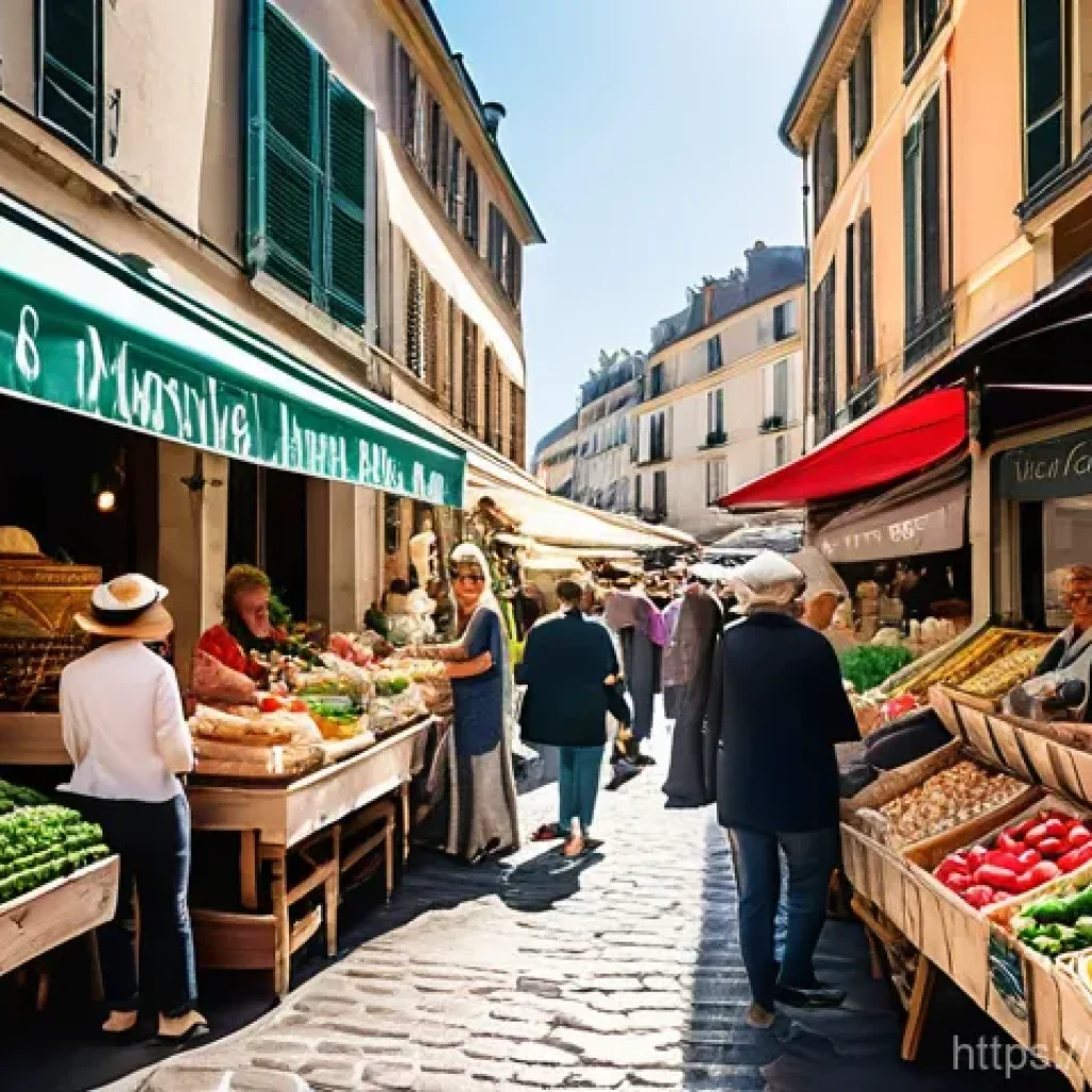 지역별 전통시장 축제 - A vibrant and bustling traditional French open-air market on a sunny morning. Colorful stalls overfl...