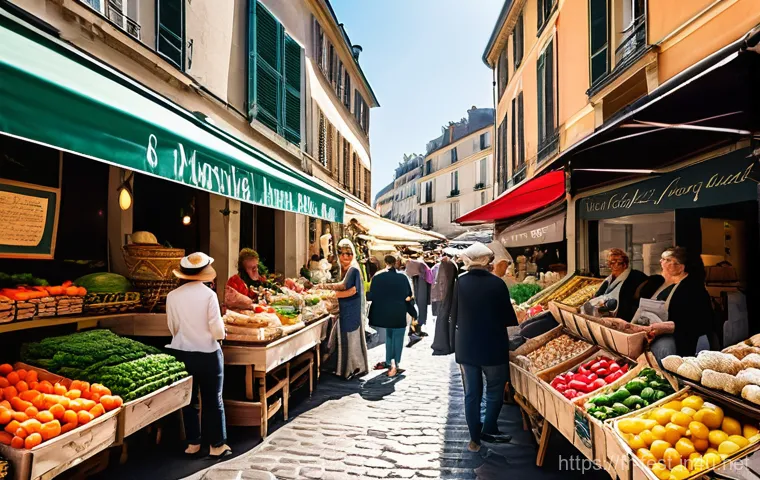 지역별 전통시장 축제 - A vibrant and bustling traditional French open-air market on a sunny morning. Colorful stalls overfl...