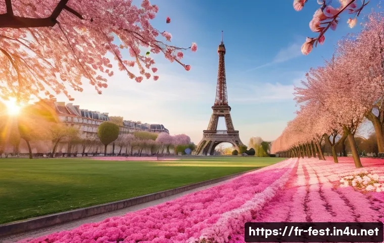 벚꽃 명소 추천 - **Champs de Mars and Eiffel Tower at Sunrise with Falling Cherry Blossoms.**
    A breathtaking, cin...