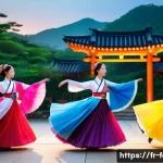 한국 전통 공연 페스티벌 - A graceful Korean traditional dance scene featuring female dancers in vibrant hanbok costumes with f...