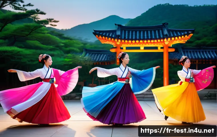 한국 전통 공연 페스티벌 - A graceful Korean traditional dance scene featuring female dancers in vibrant hanbok costumes with f...