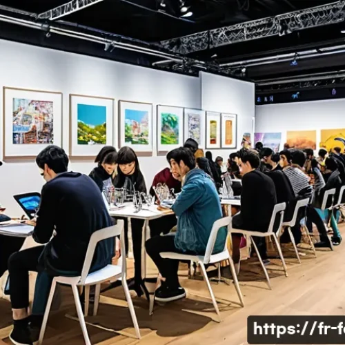 웹툰 페스티벌 정보 - A bustling webtoon festival scene inside a modern exhibition center in Paris, featuring diverse arti...