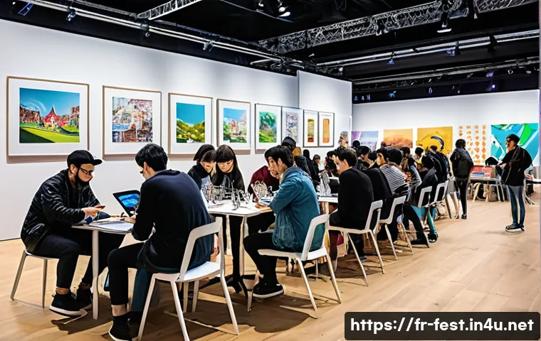 웹툰 페스티벌 정보 - A bustling webtoon festival scene inside a modern exhibition center in Paris, featuring diverse arti...