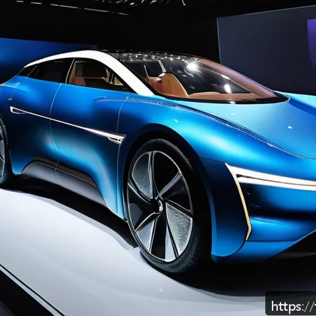 모터쇼 주요 출품 차량 - A sleek, futuristic electric car showcased at a French automotive exhibition, featuring smooth aerod...