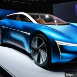 모터쇼 주요 출품 차량 - A sleek, futuristic electric car showcased at a French automotive exhibition, featuring smooth aerod...