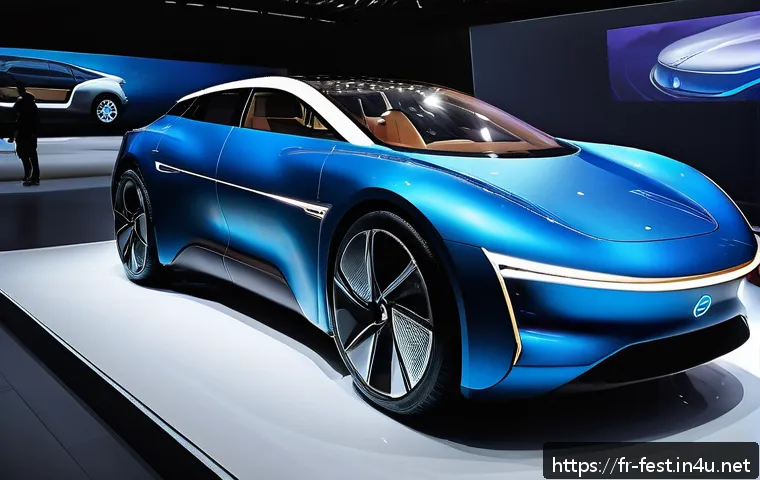 모터쇼 주요 출품 차량 - A sleek, futuristic electric car showcased at a French automotive exhibition, featuring smooth aerod...