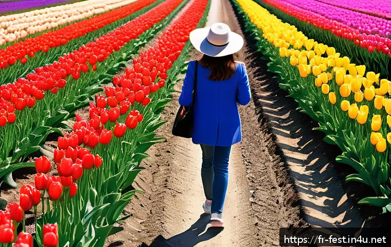 튤립 페스티벌 일정 - A vibrant spring landscape featuring expansive tulip fields in the Loire Valley, France, under a bri...
