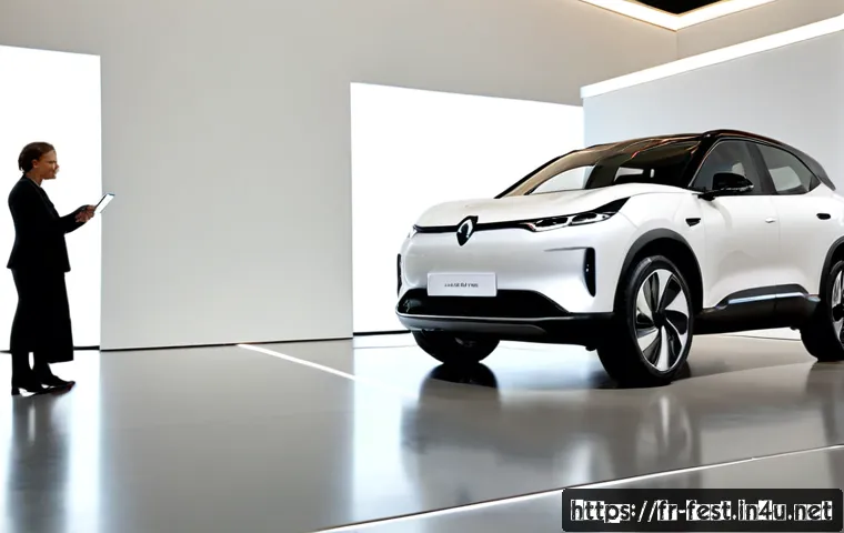 전기차 박람회 방문기 - Photorealistic electric vehicle exhibition in a modern Paris convention hall, sleek unbranded electr...