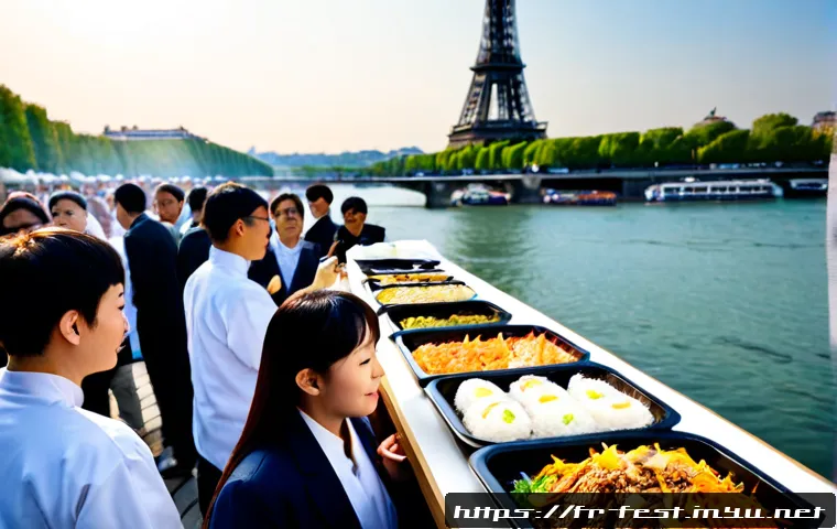 Home 17 한식 세계화 페스티벌 - Photorealistic Korean cuisine festival in a sunny Paris riverside market, French and Korean chefs pr...