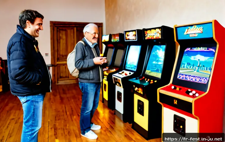 레트로 게임 축제 - Photorealistic retro video game festival in a charming French town hall, middle-aged friends and a g...